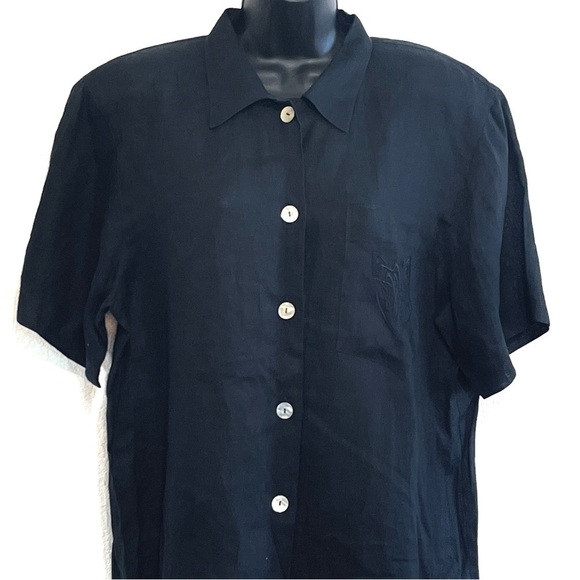 Jaeger Woman 100% LINEN Black Button Down Top Short Sleeve Shirt Size L - Picture 2 of 13